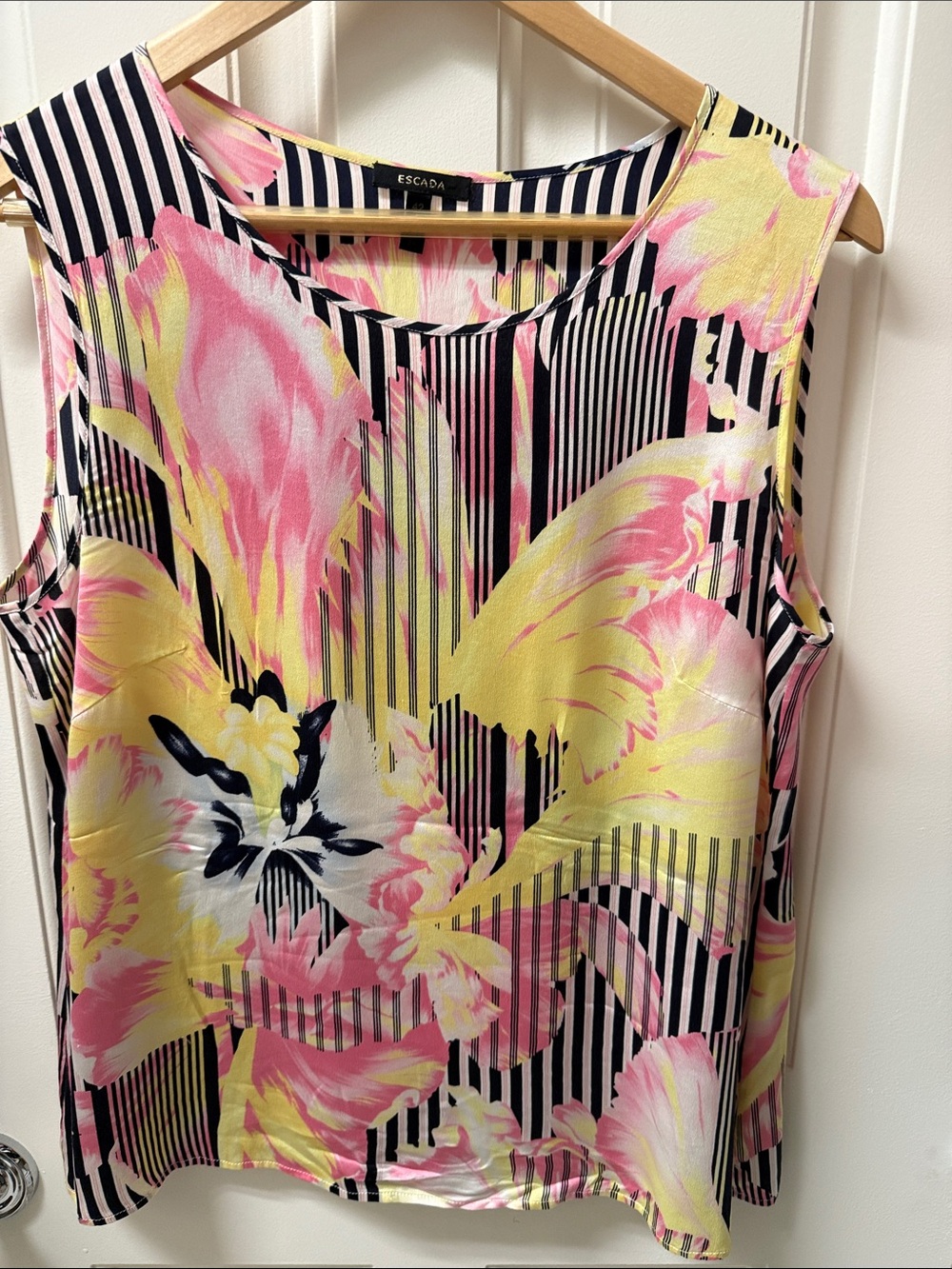 Escada Pink Yellow & Black Striped Floral Silk-Camisole